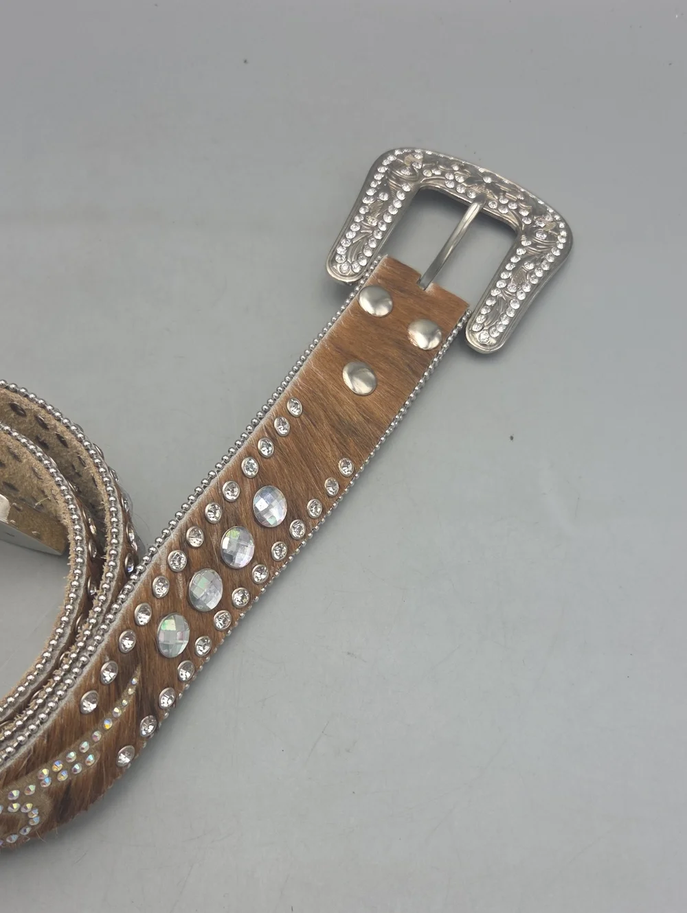 Nocona Genuine Leather Calf Hair on Hide Rhinestone Belt Rodeo Western Bling